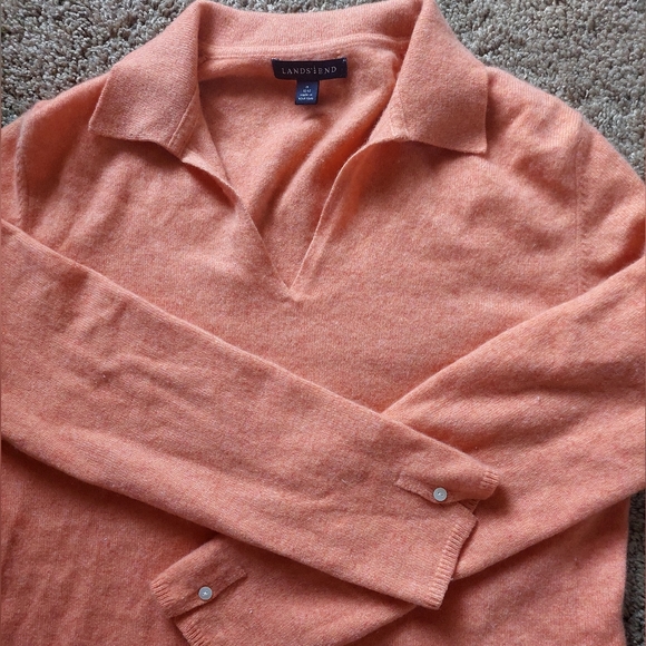 Lands' End peachy orange cashmere collar sweater size Medium - Picture 2 of 7